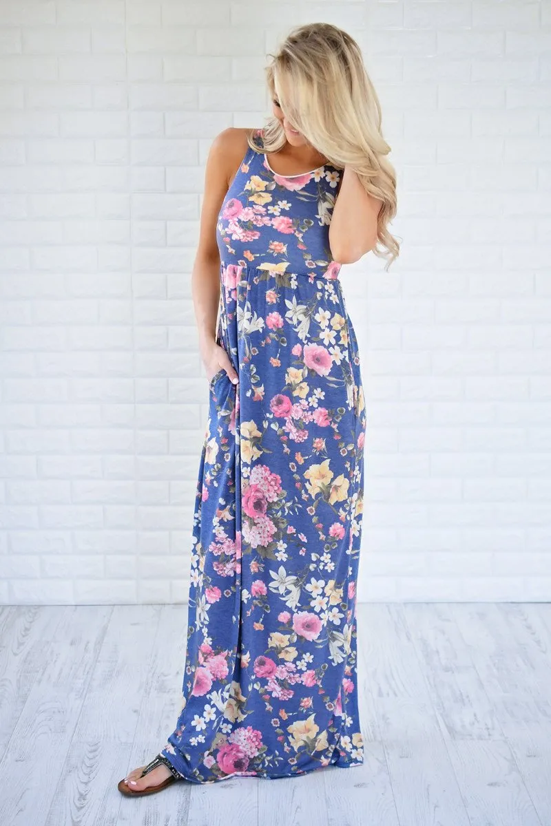 Always Thinking of You Blue Floral Maxi Dress