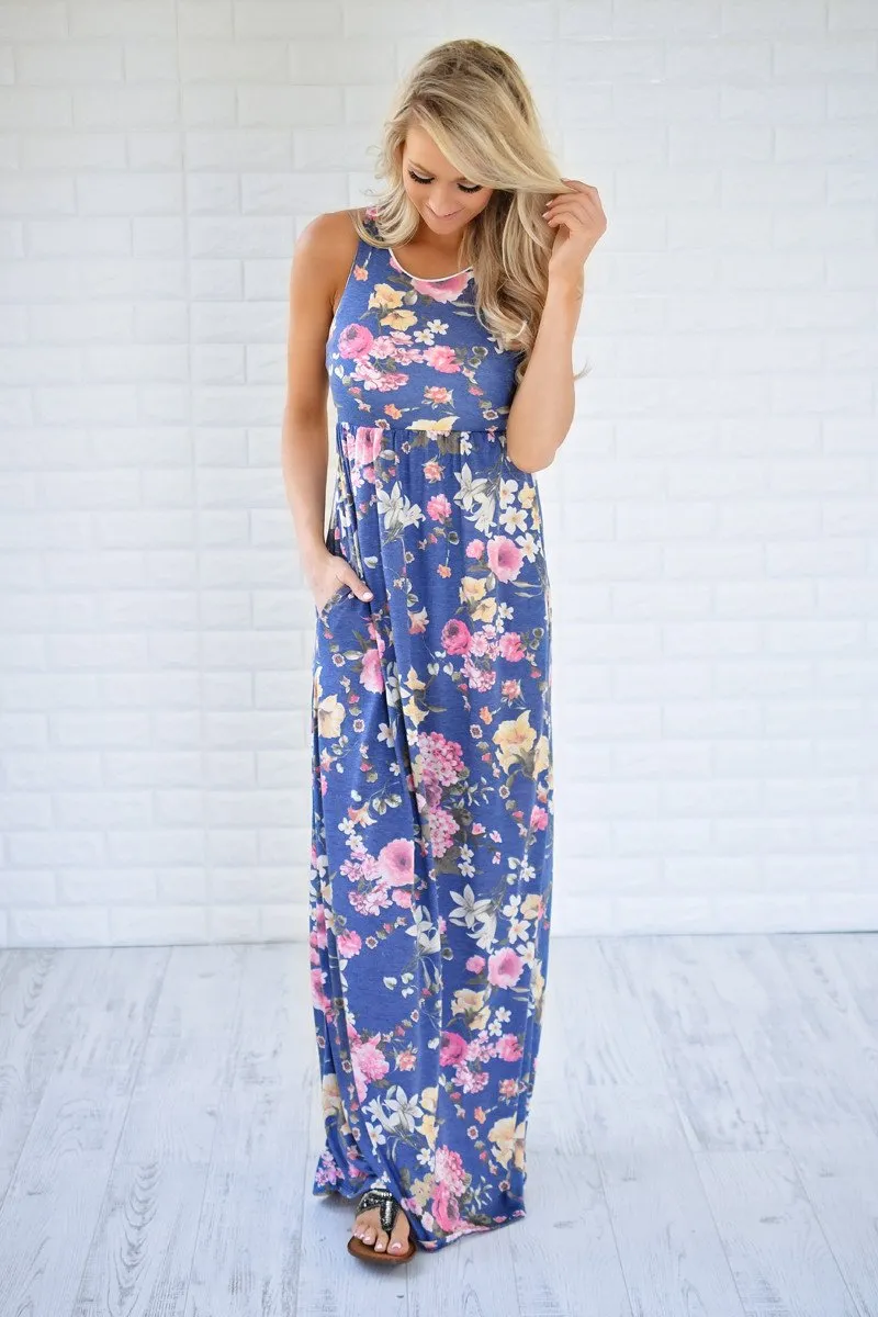 Always Thinking of You Blue Floral Maxi Dress