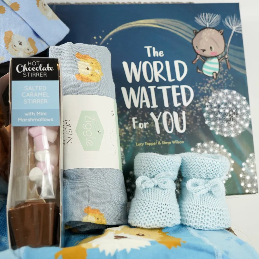 Baby Boy Hamper Gift, Personalisable Baby Comforter, Puppy Leggings And Socks