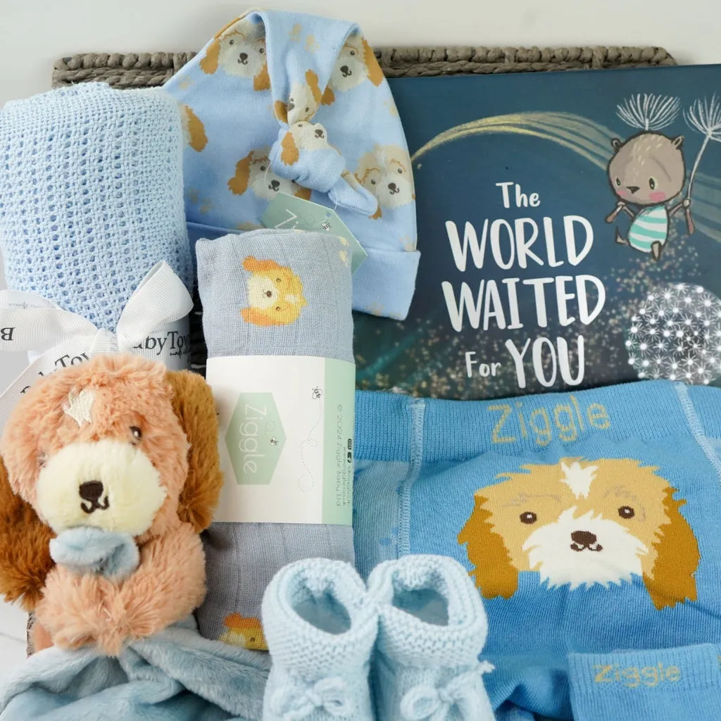 Baby Boy Hamper Gift, Personalisable Baby Comforter, Puppy Leggings And Socks