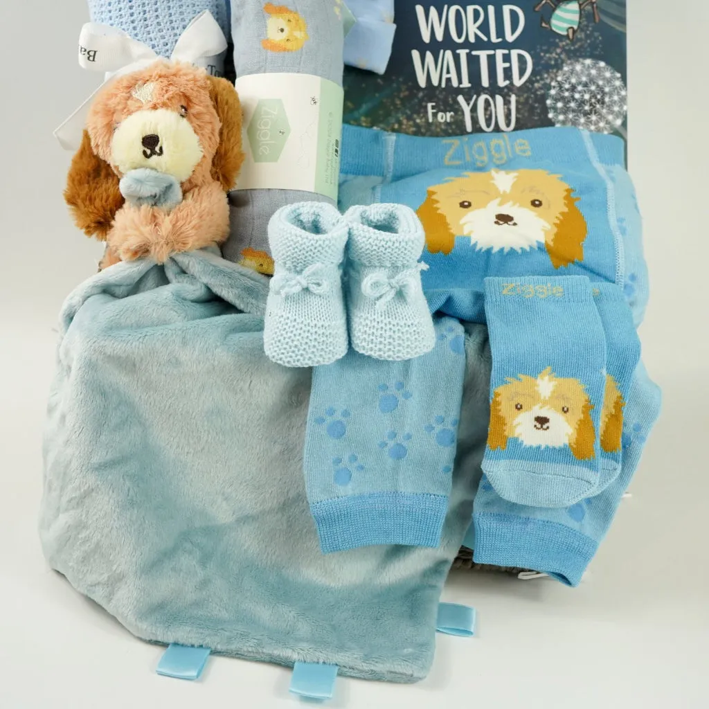 Baby Boy Hamper Gift, Personalisable Baby Comforter, Puppy Leggings And Socks