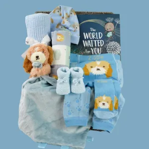 Baby Boy Hamper Gift, Personalisable Baby Comforter, Puppy Leggings And Socks