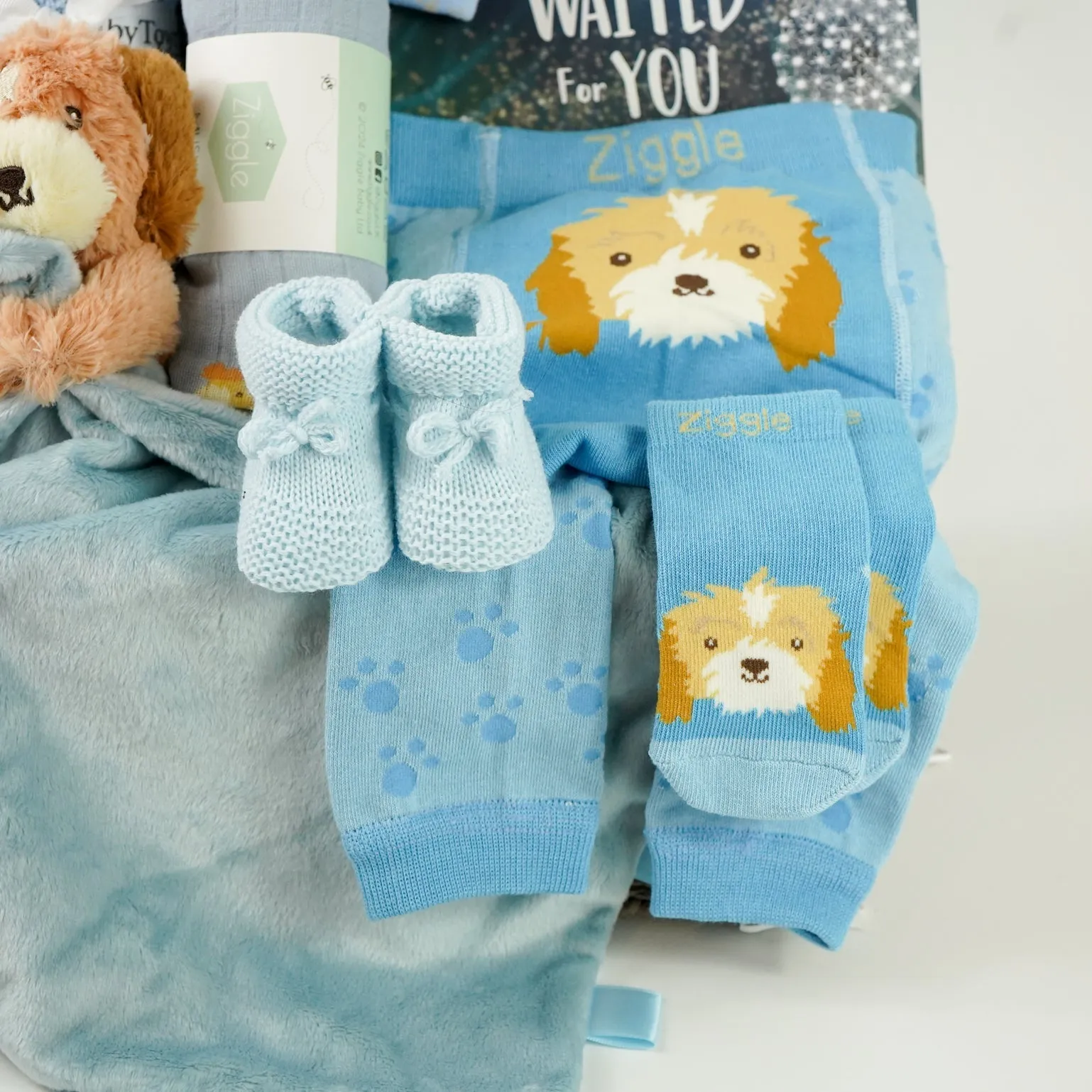 Baby Boy Hamper Gift, Personalisable Baby Comforter, Puppy Leggings And Socks