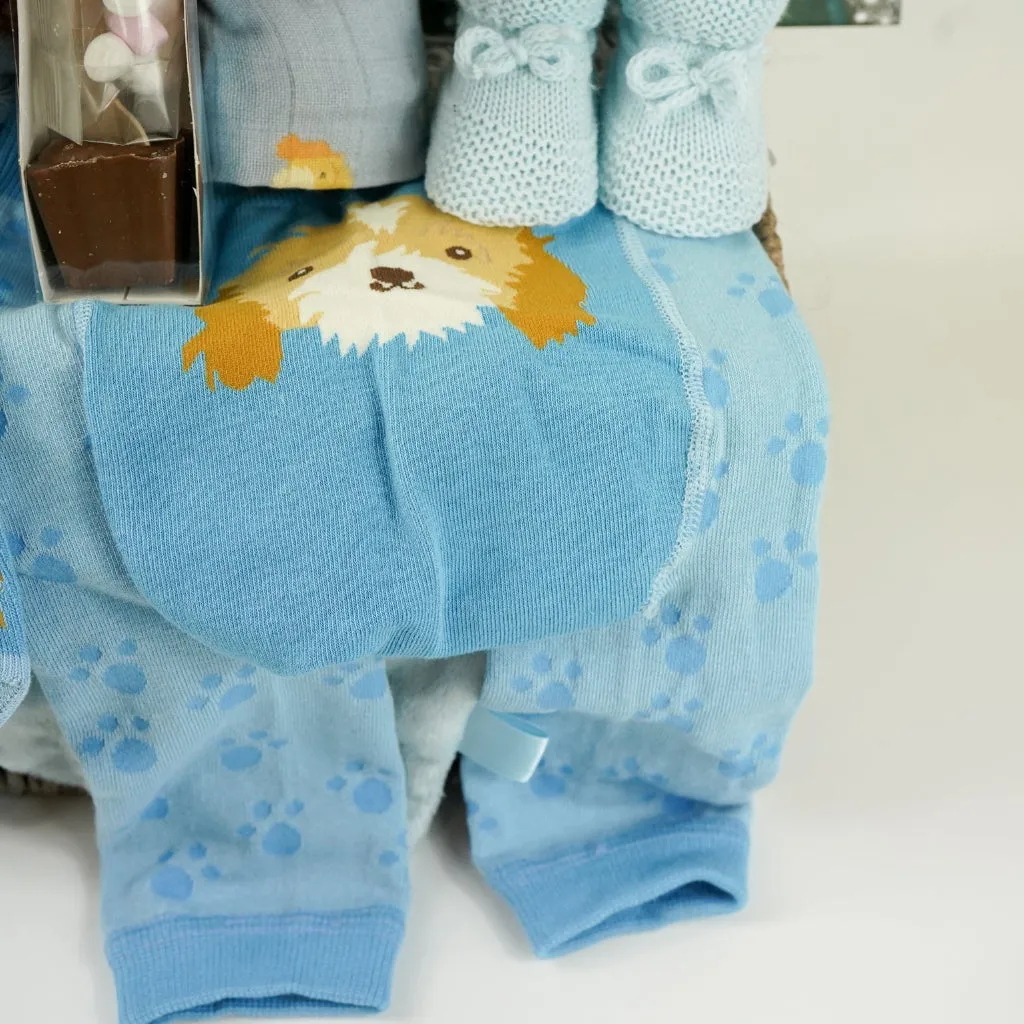 Baby Boy Hamper Gift, Personalisable Baby Comforter, Puppy Leggings And Socks