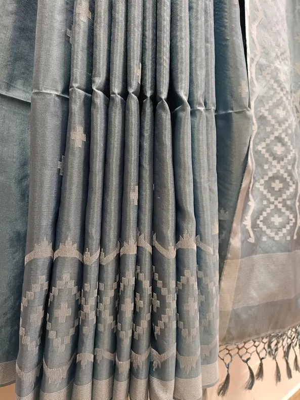 Balaram Saha: Heritage Handwoven: Light Blue & White Katan Silk Jamdani Saree