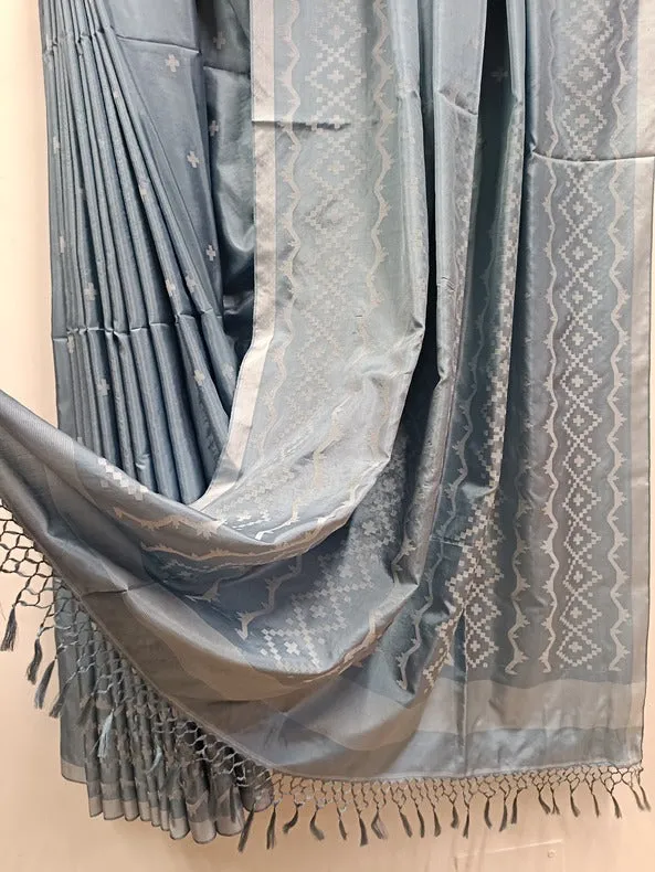 Balaram Saha: Heritage Handwoven: Light Blue & White Katan Silk Jamdani Saree