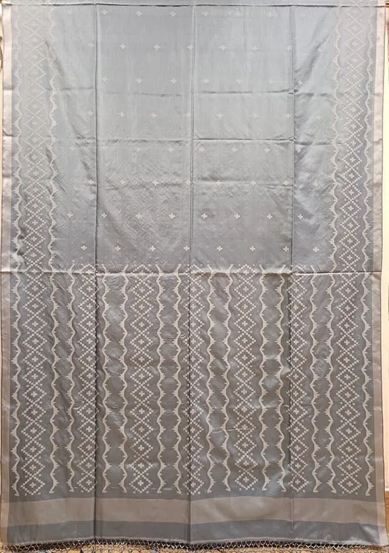 Balaram Saha: Heritage Handwoven: Light Blue & White Katan Silk Jamdani Saree