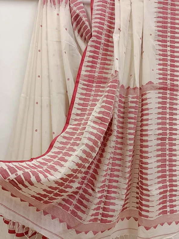 Balaram Saha White & Red Elegance: Handloom Handwoven Cotton Jamdani Saree