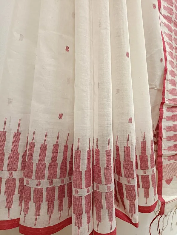 Balaram Saha White & Red Elegance: Handloom Handwoven Cotton Jamdani Saree