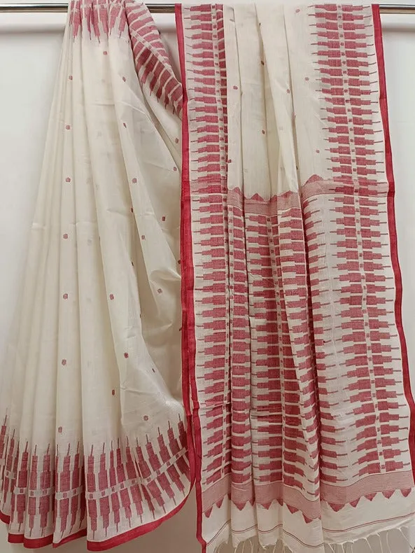 Balaram Saha White & Red Elegance: Handloom Handwoven Cotton Jamdani Saree