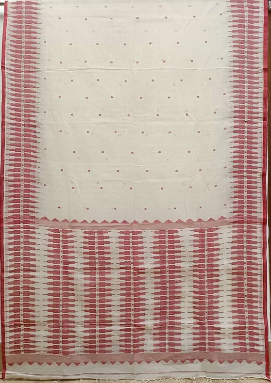 Balaram Saha White & Red Elegance: Handloom Handwoven Cotton Jamdani Saree
