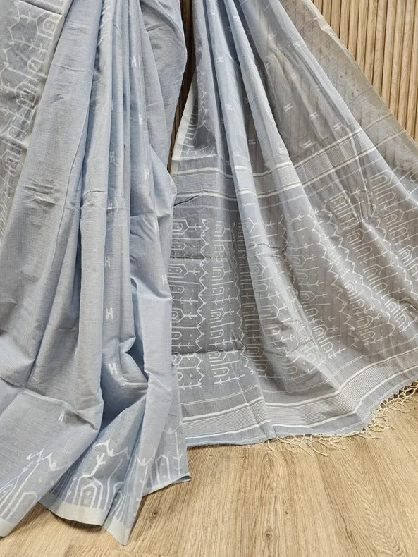 Balaram Saha’s Exclusive Light Blue Handwoven Cotton Jamdani Saree