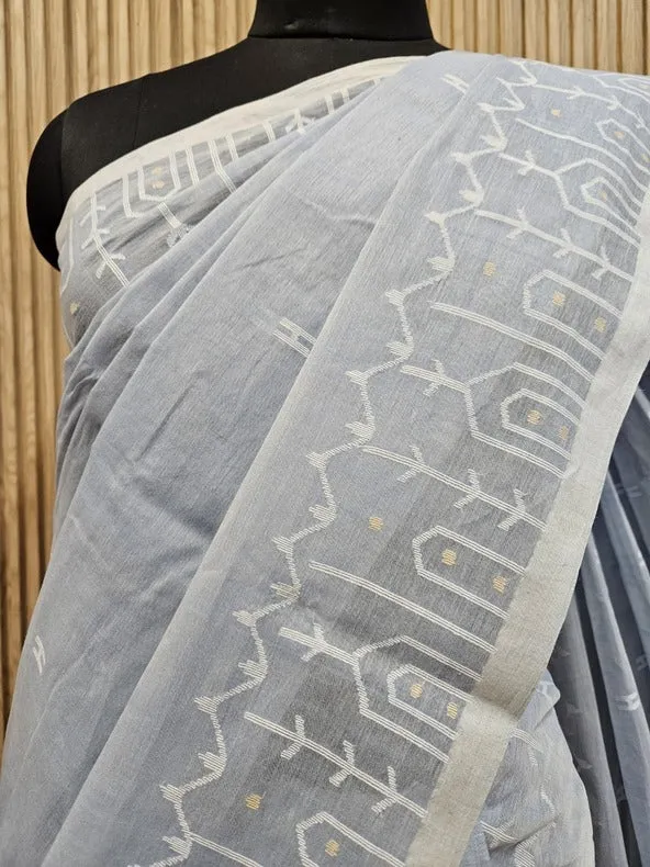 Balaram Saha’s Exclusive Light Blue Handwoven Cotton Jamdani Saree