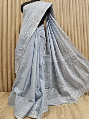 Balaram Saha’s Exclusive Light Blue Handwoven Cotton Jamdani Saree