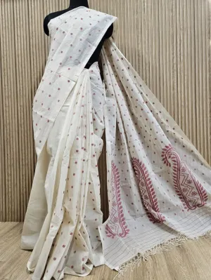 Balaram Saha’s Exclusive Off-White & Red Handwoven Cotton Jamdani Saree
