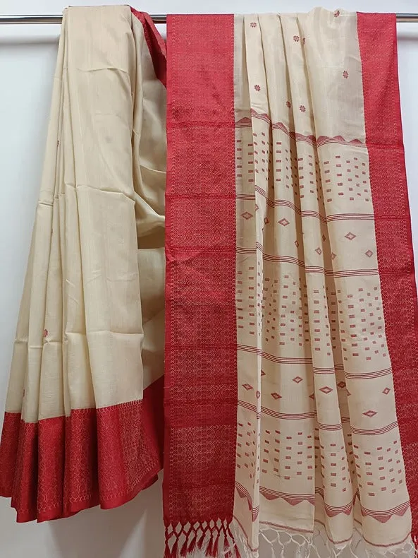 Beige and Red Handloom Soft Tussar Silk Saree With Woven Border