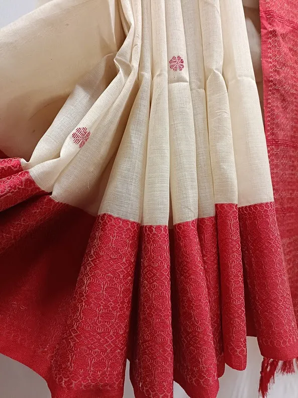 Beige and Red Handloom Soft Tussar Silk Saree With Woven Border