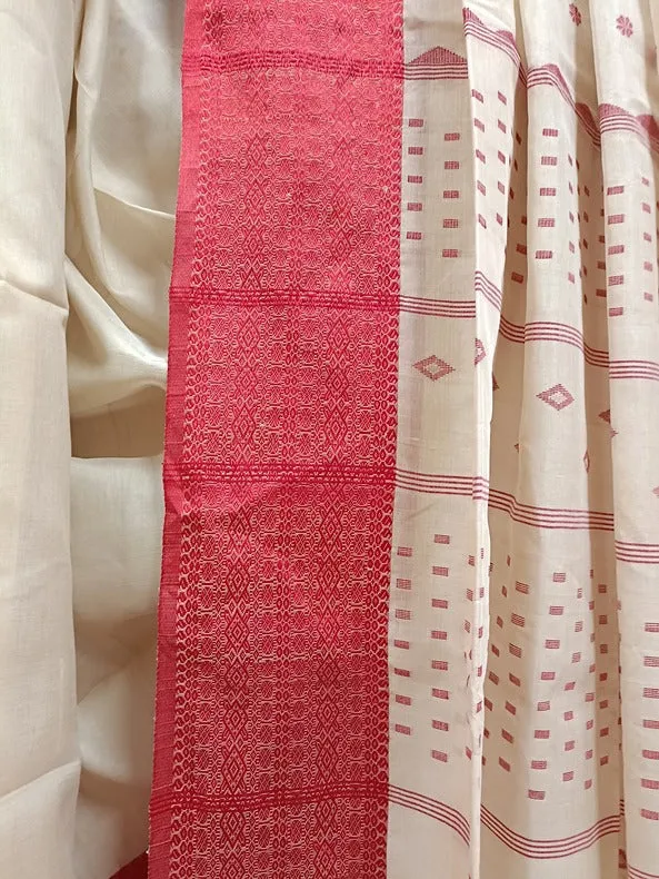 Beige and Red Handloom Soft Tussar Silk Saree With Woven Border