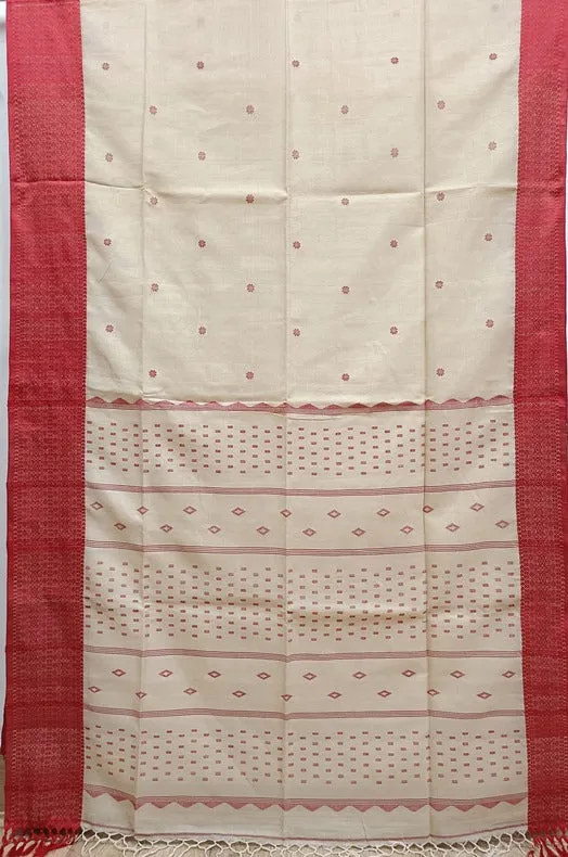 Beige and Red Handloom Soft Tussar Silk Saree With Woven Border