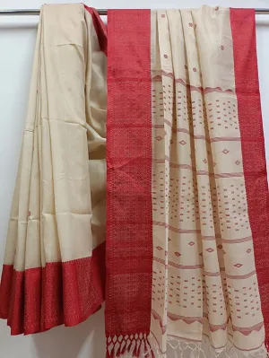 Beige and Red Handloom Soft Tussar Silk Saree With Woven Border