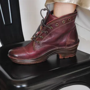 Bionico Burgundy Leather Zipper Trim Lace Up Booties