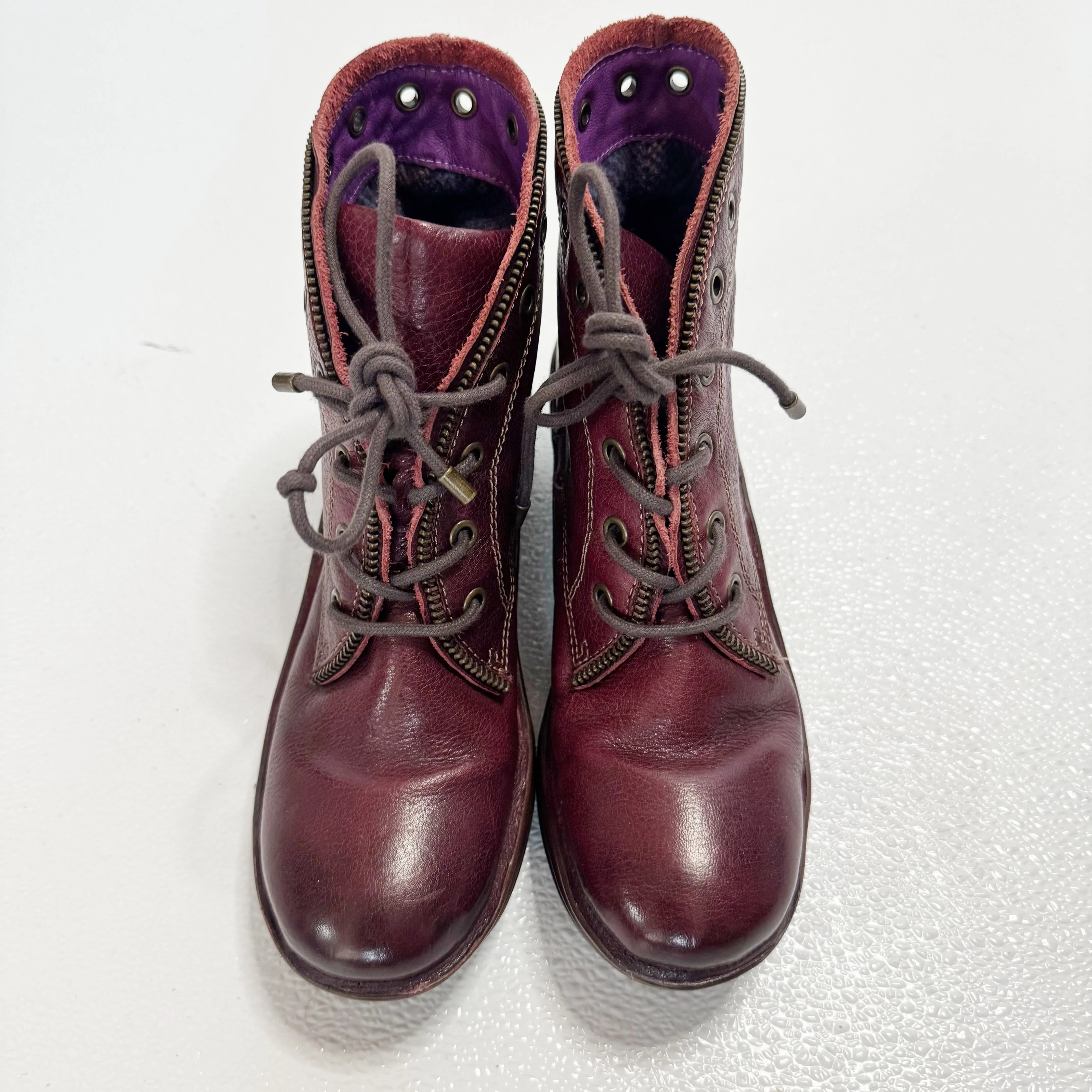 Bionico Burgundy Leather Zipper Trim Lace Up Booties