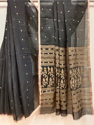 Black and Beige Handloom Traditional Handwoven Cotton Jamdani Saree