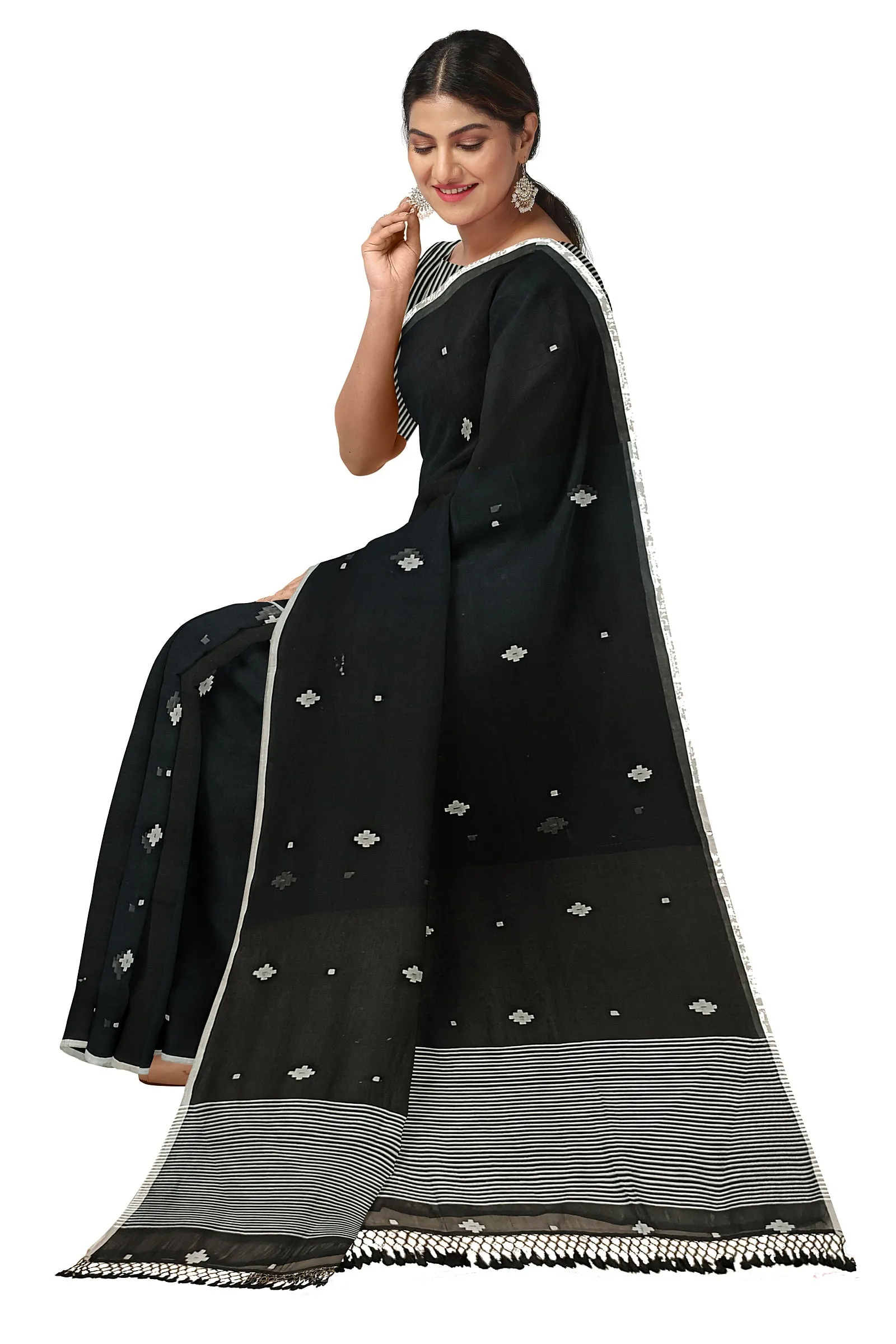 Black on White Soft Handloom Mul Cotton Saree