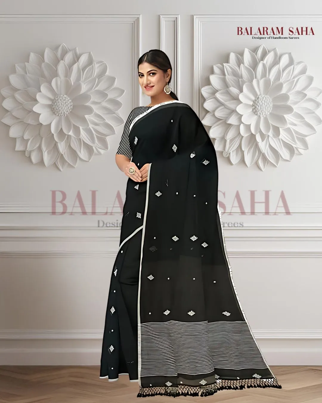 Black on White Soft Handloom Mul Cotton Saree