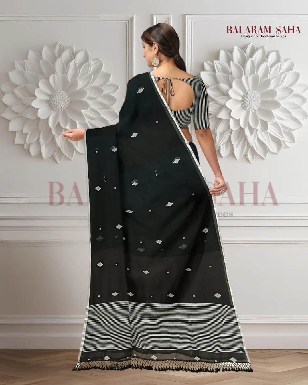 Black on White Soft Handloom Mul Cotton Saree