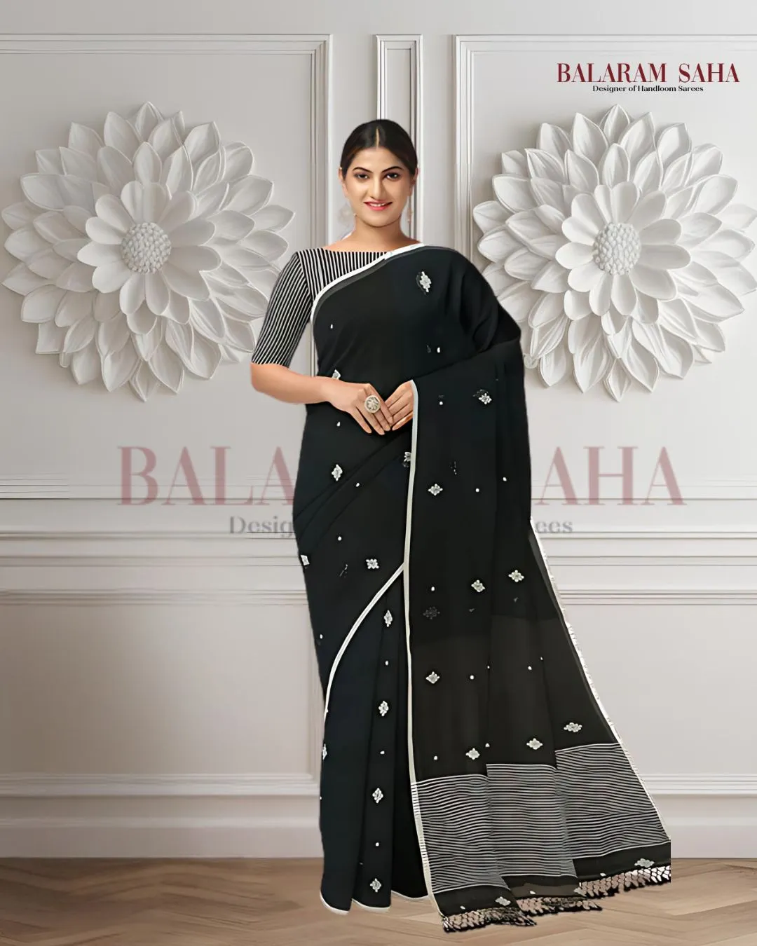 Black on White Soft Handloom Mul Cotton Saree