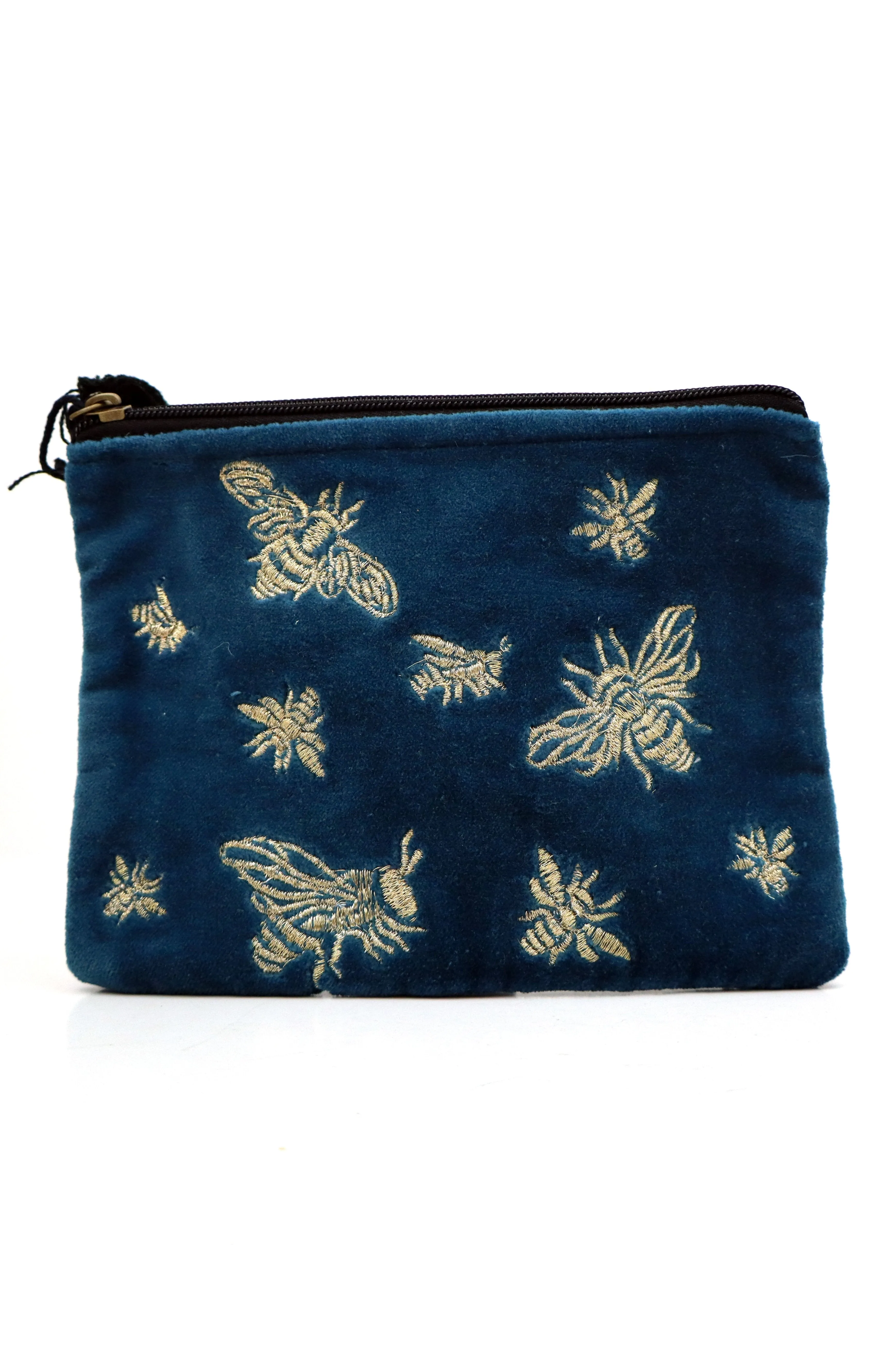 Chloe & Lex Rich Blue Bees Velvet Medium Pouch