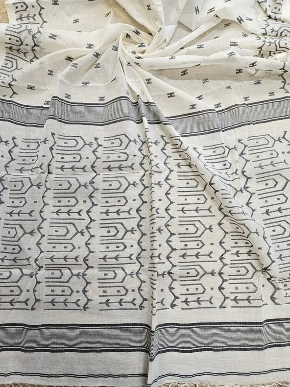 Classic Weaves: Off-White & Black Cotton Jamdani Saree by Balaram Saha