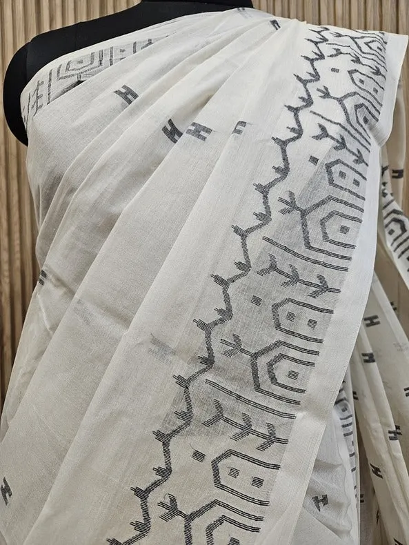 Classic Weaves: Off-White & Black Cotton Jamdani Saree by Balaram Saha