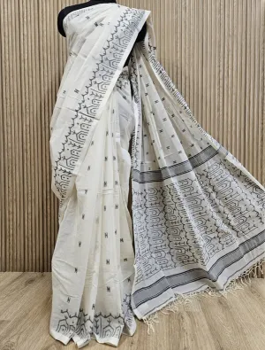 Classic Weaves: Off-White & Black Cotton Jamdani Saree by Balaram Saha