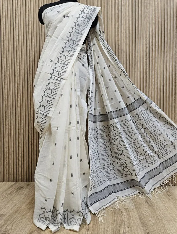 Classic Weaves: Off-White & Black Cotton Jamdani Saree by Balaram Saha
