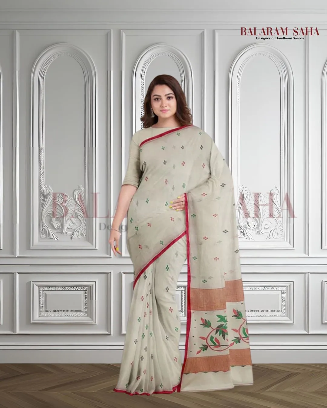 Classic White & Red Handloom Cotton Jamdani Saree by Balaram Saha