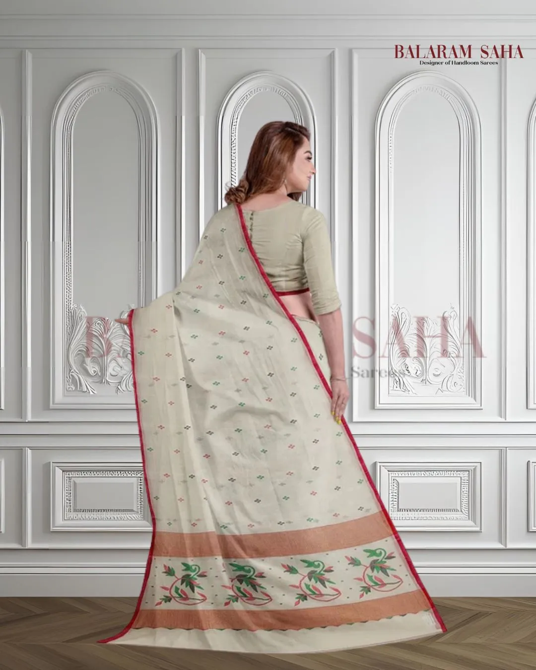 Classic White & Red Handloom Cotton Jamdani Saree by Balaram Saha