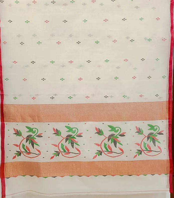 Classic White & Red Handloom Cotton Jamdani Saree by Balaram Saha