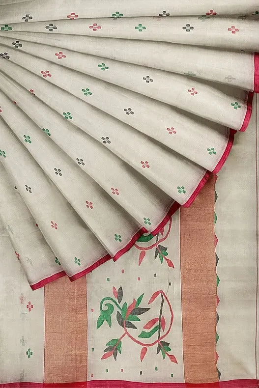Classic White & Red Handloom Cotton Jamdani Saree by Balaram Saha