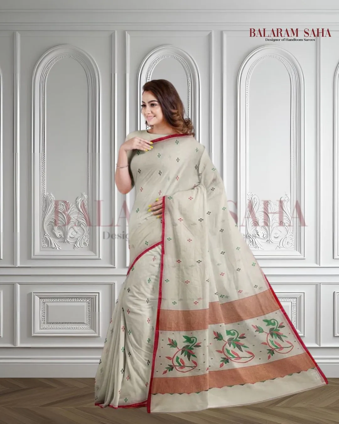 Classic White & Red Handloom Cotton Jamdani Saree by Balaram Saha