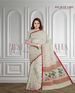 Classic White & Red Handloom Cotton Jamdani Saree by Balaram Saha
