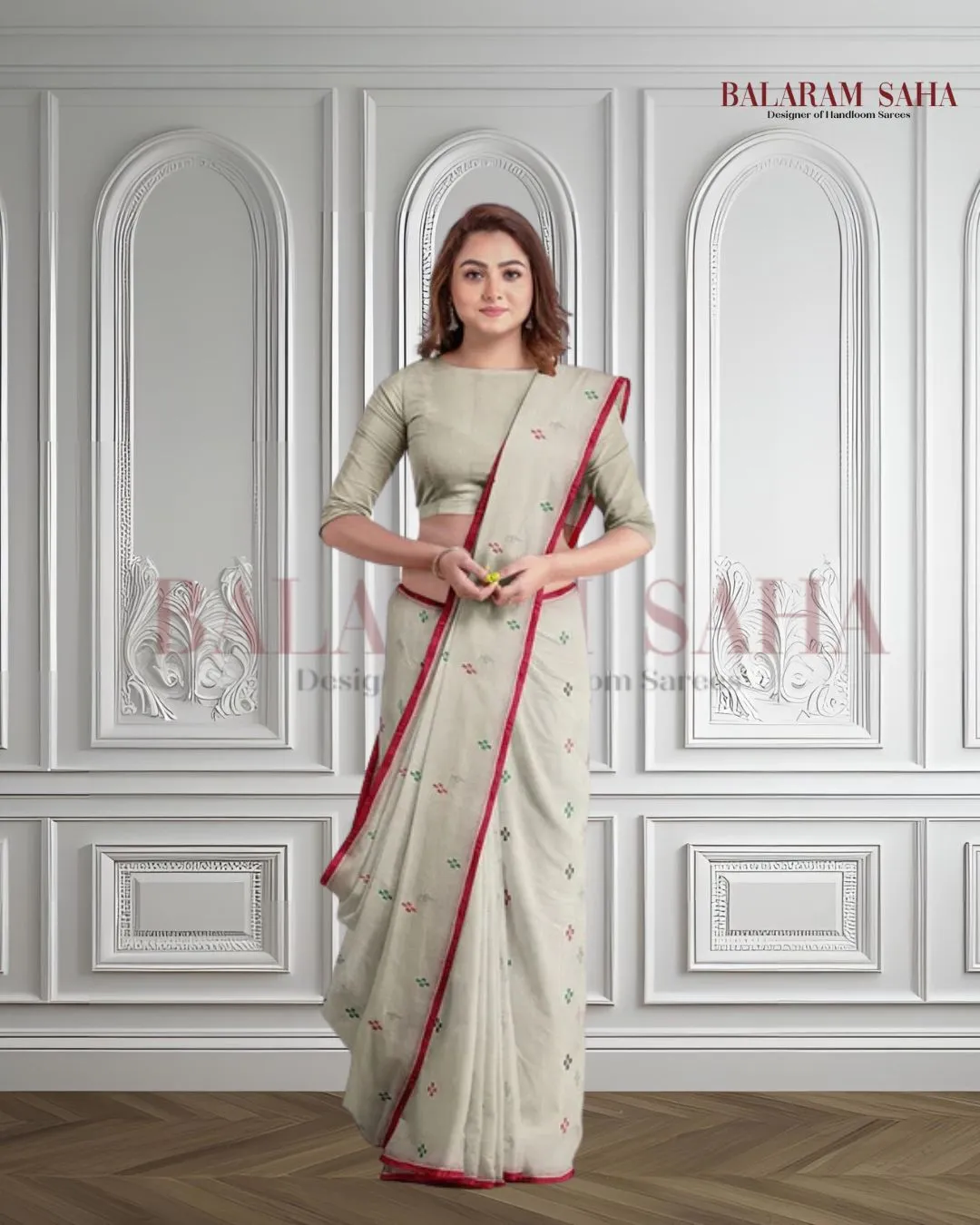Classic White & Red Handloom Cotton Jamdani Saree by Balaram Saha