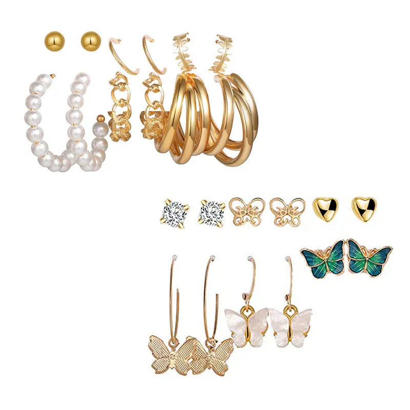 Combo of 12 Pair Butterfly Crystal Studs and Hoop Earrings