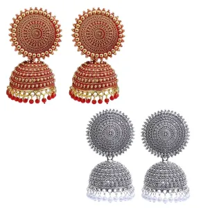 Combo of 2 Silver and Red Pearls Dome Shape Jhumki