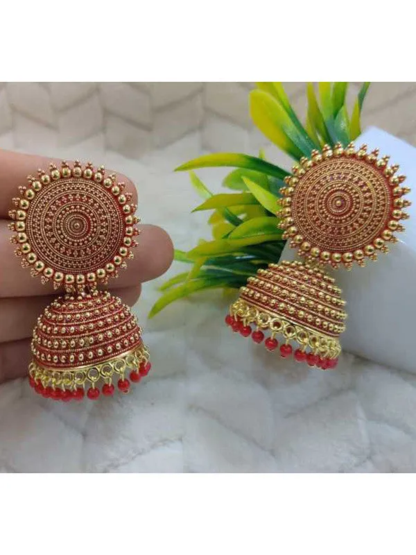 Combo of 2 Yellow and Red Pearls Dome Shape Jhumki