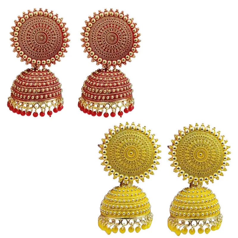 Combo of 2 Yellow and Red Pearls Dome Shape Jhumki