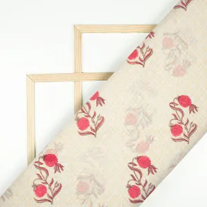 Cream And Fuchsia Floral Pattern Handblock Pure Banarasi Chanderi Fabric