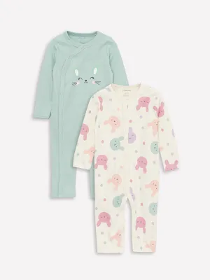 Crew Neck Long Sleeve Baby Girl Jumpsuit 2-pack