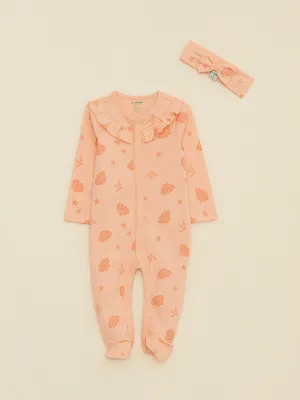 Crew Neck Long Sleeve Printed Organic Cotton Baby Girl Jumpsuit and Headband Set of 2